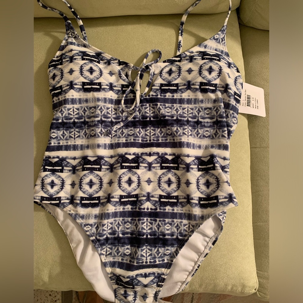Indigo Rein One Piece White/Denim Aztec Print Adjustable Straps Swimsuit Sz L